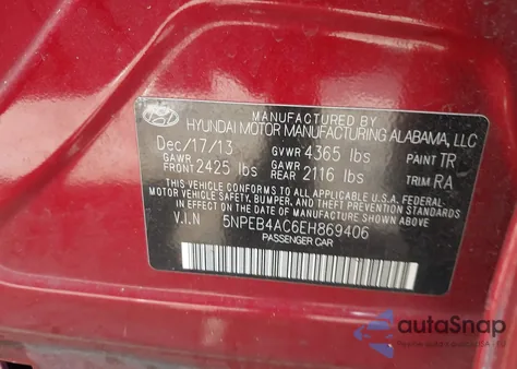 2014 Hyundai Sonata Gls z USA, uszkodzony, nr VIN 5NPEB4AC6EH869406